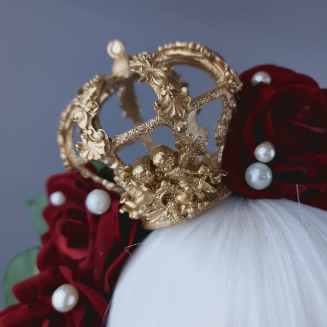 "Sanguis" Red Rose, Pearls & Gold Crown Headdress