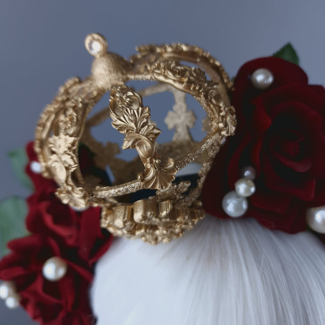 "Sanguis" Red Rose, Pearls & Gold Crown Headdress