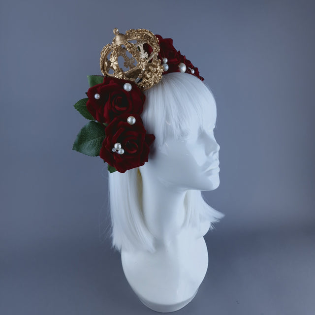 "Sanguis" Red Rose, Pearls & Gold Crown Headdress