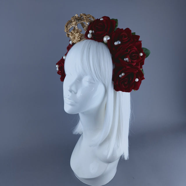 "Sanguis" Red Rose, Pearls & Gold Crown Headdress