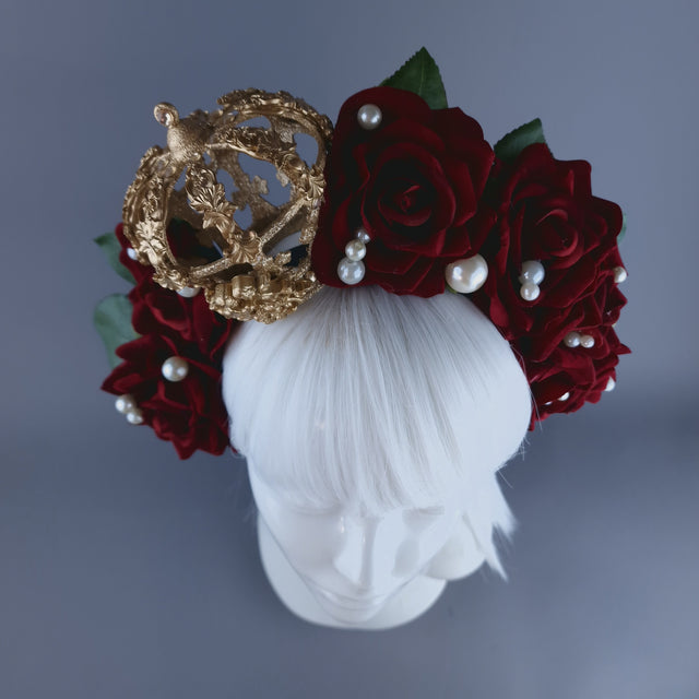"Sanguis" Red Rose, Pearls & Gold Crown Headdress