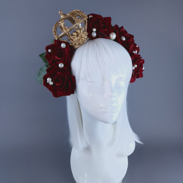 "Sanguis" Red Rose, Pearls & Gold Crown Headdress