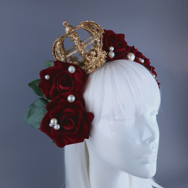 "Sanguis Christi" Red Rose, Pearls & Gold Crown Headdress