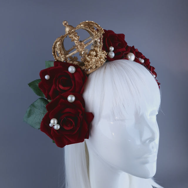 "Sanguis" Red Rose, Pearls & Gold Crown Headdress