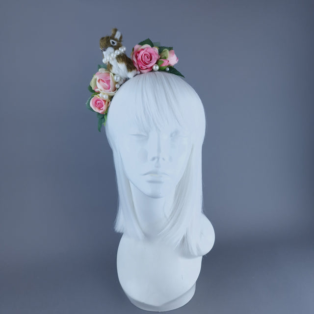 "Fluffi" Bunny Rabbit, Pearls & Pink Roses Headpiece