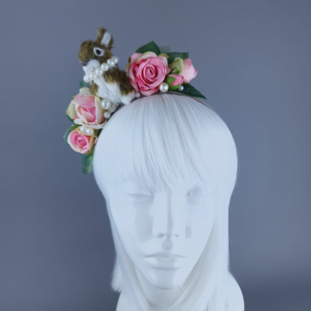 "Fluffi" Bunny Rabbit, Pearls & Pink Roses Headpiece