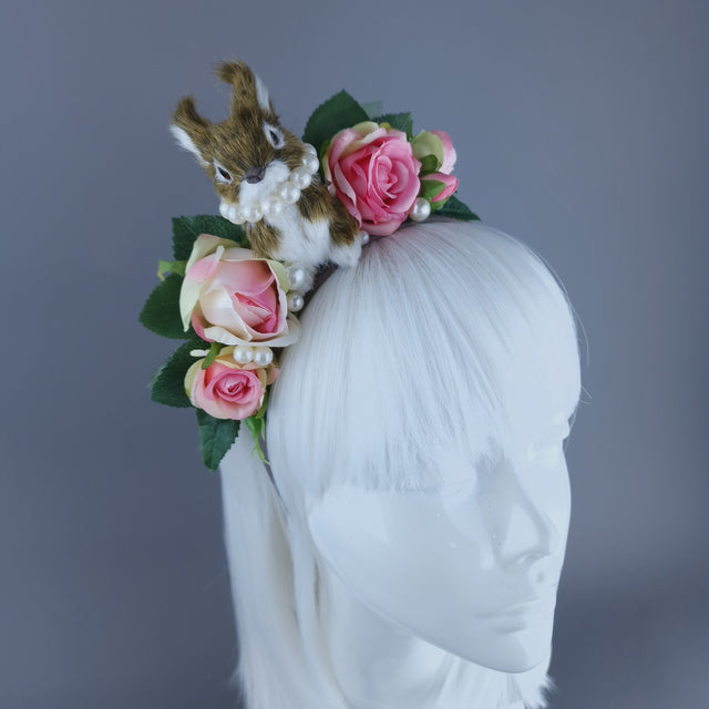 "Fluffi" Bunny Rabbit, Pearls & Pink Roses Headpiece