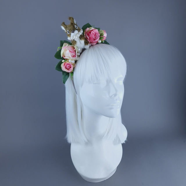 "Fluffi" Bunny Rabbit, Pearls & Pink Roses Headpiece
