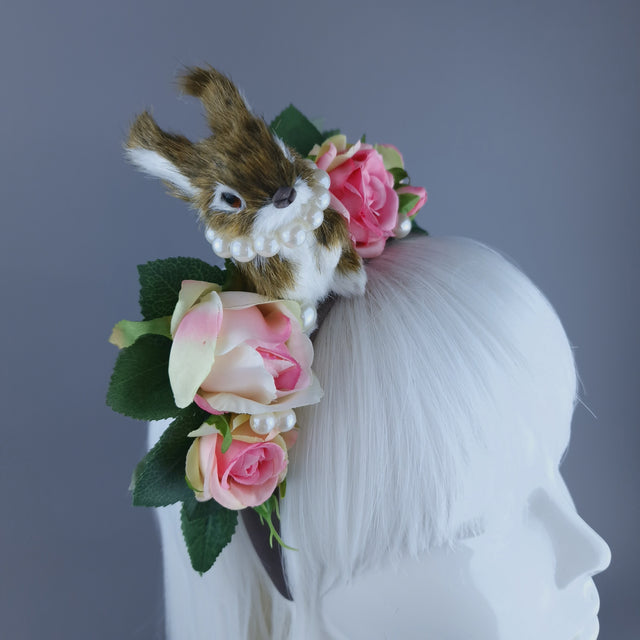 "Fluffi" Bunny Rabbit, Pearls & Pink Roses Headpiece