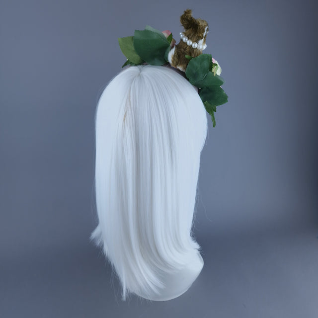 "Fluffi" Bunny Rabbit, Pearls & Pink Roses Headpiece