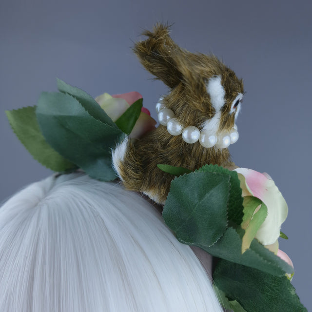 "Fluffi" Bunny Rabbit, Pearls & Pink Roses Headpiece