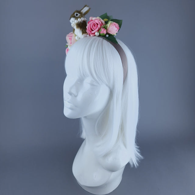 "Fluffi" Bunny Rabbit, Pearls & Pink Roses Headpiece