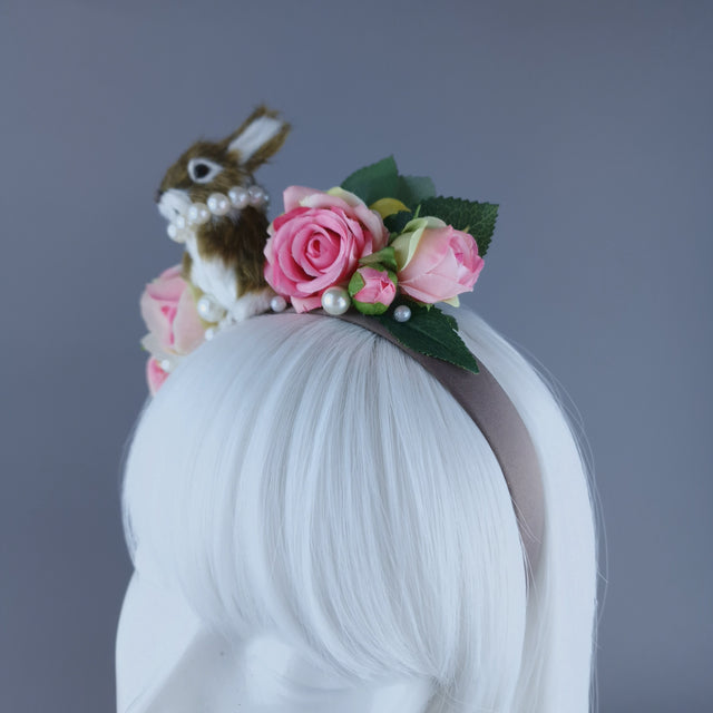 "Fluffi" Bunny Rabbit, Pearls & Pink Roses Headpiece