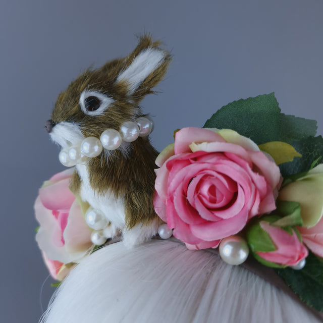 "Fluffi" Bunny Rabbit, Pearls & Pink Roses Headpiece