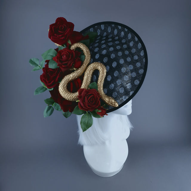 "Shesha" Gold Snake, Red Roses Black & White Polka Dot Fascinator Hat