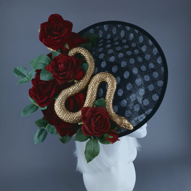 "Shesha" Gold Snake, Red Roses Black & White Polka Dot Fascinator Hat