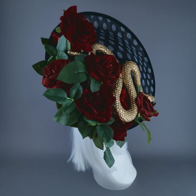 "Shesha" Gold Snake, Red Roses Black & White Polka Dot Fascinator Hat