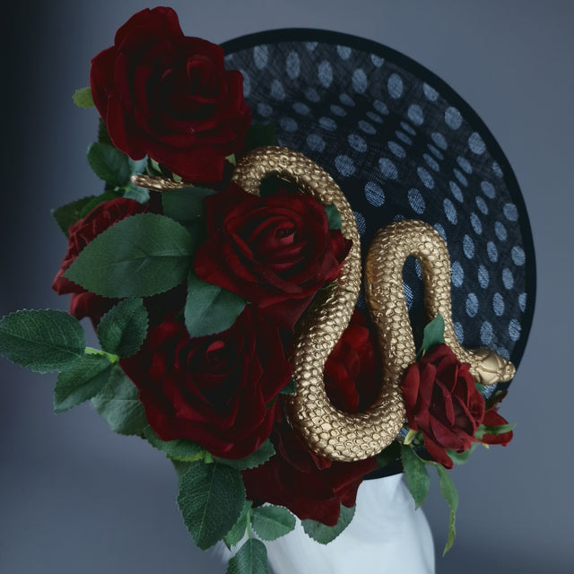 "Shesha" Gold Snake, Red Roses Black & White Polka Dot Fascinator Hat