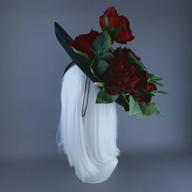 "Shesha" Gold Snake, Red Roses Black & White Polka Dot Fascinator Hat