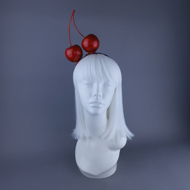 "Cherry Addicted" Large Red Glitter Cherries Headband Headpiece