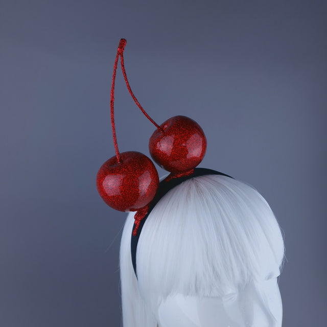 "Cherry Addicted" Large Red Glitter Cherries Headband Headpiece
