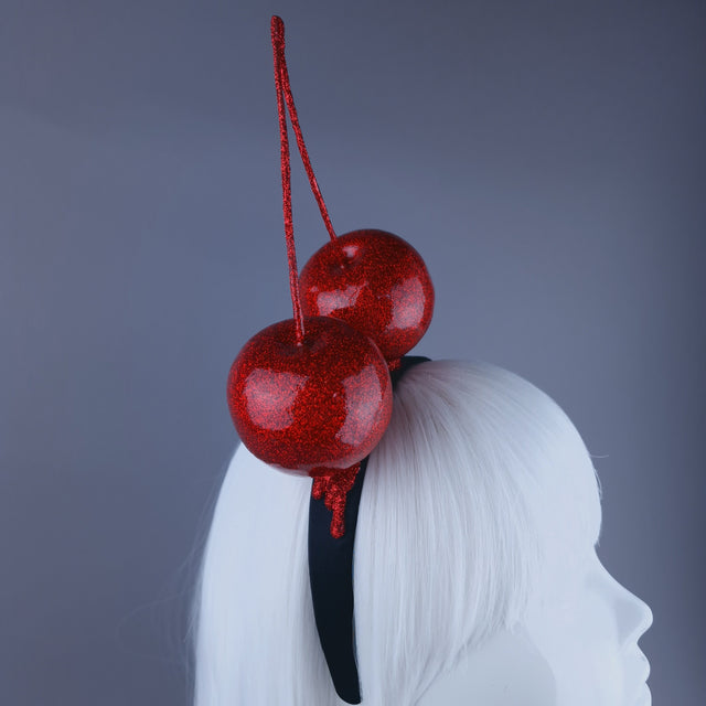 "Cherry Addicted" Large Red Glitter Cherries Headband Headpiece