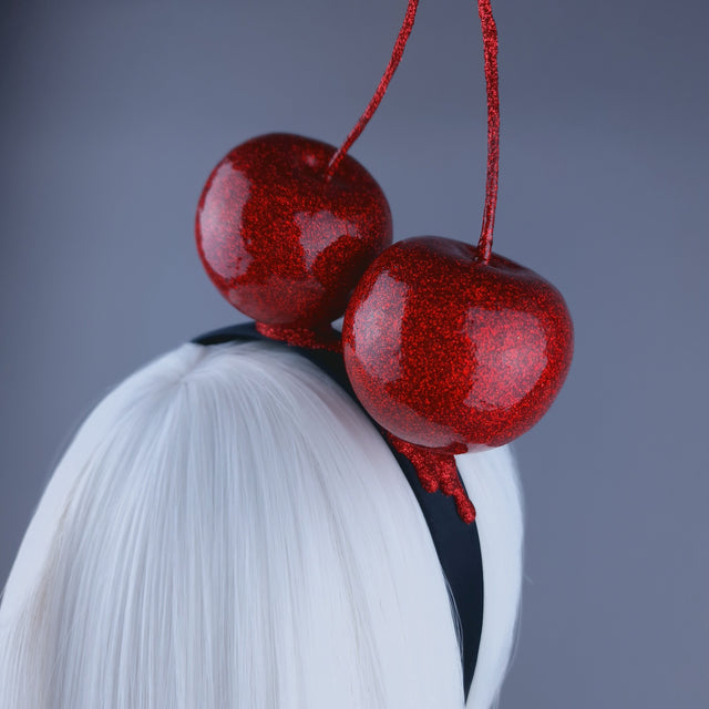 "Cherry Addicted" Large Red Glitter Cherries Headband Headpiece