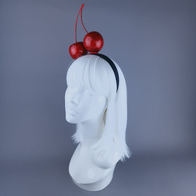 "Cherry Addicted" Large Red Glitter Cherries Headband Headpiece