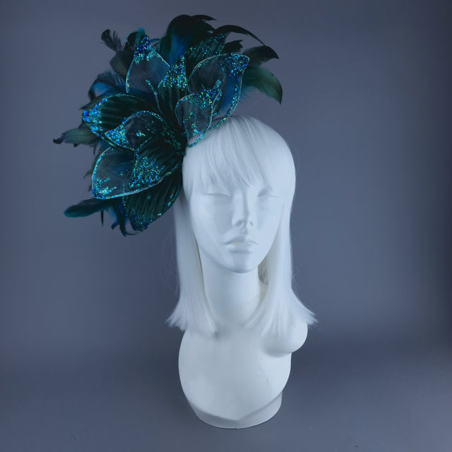 "Pirus" Teal Turquoise Flower Feather Headband Headpiece