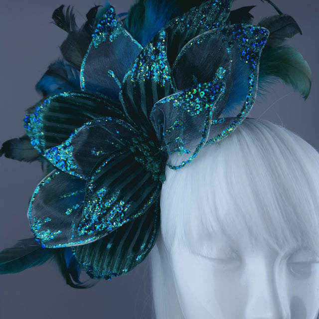 "Pirus" Teal Turquoise Flower Feather Headband Headpiece