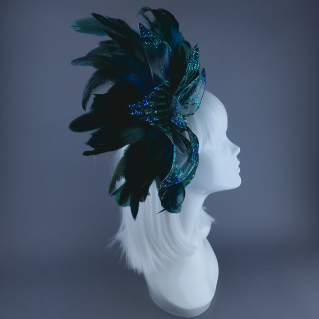 "Pirus" Teal Turquoise Flower Feather Headband Headpiece