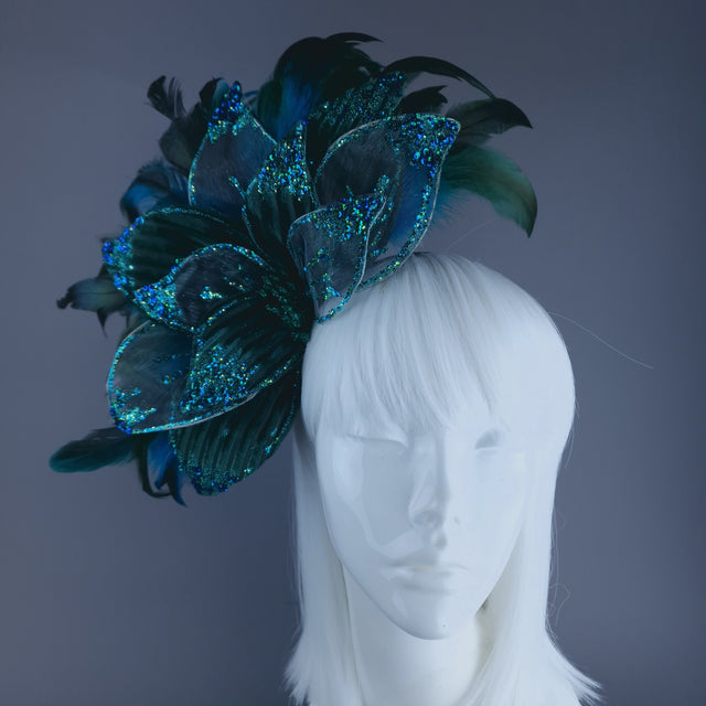 "Pirus" Teal Turquoise Flower Feather Headband Headpiece