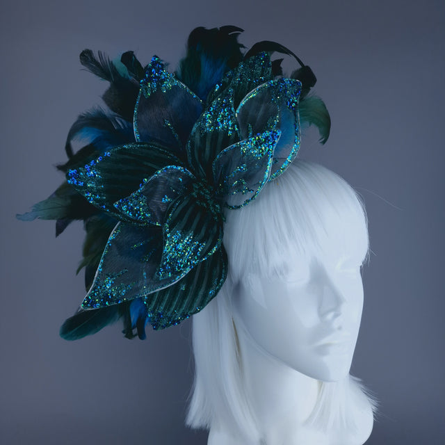 "Pirus" Teal Turquoise Flower Feather Headband Headpiece