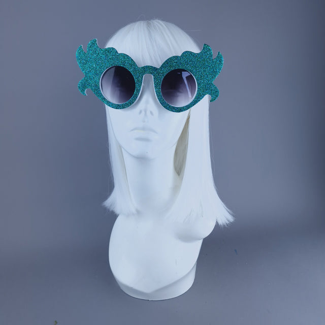 "Kira" Oversized Teal Glitter Sunglasses