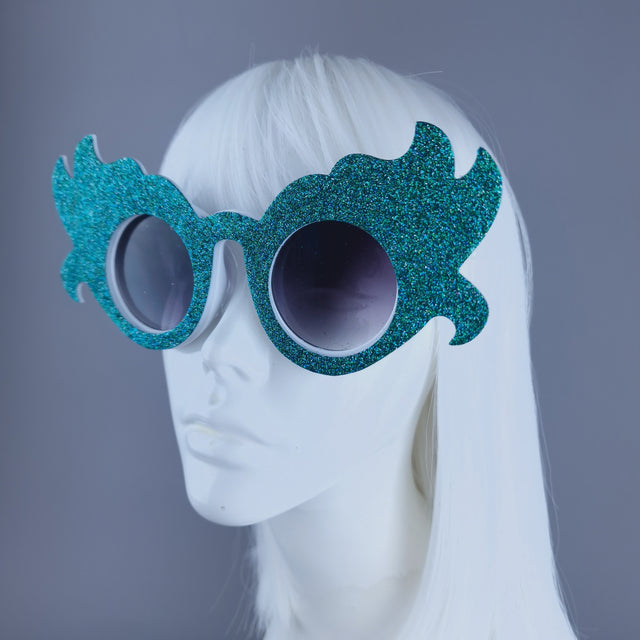 "Kira" Oversized Teal Glitter Sunglasses
