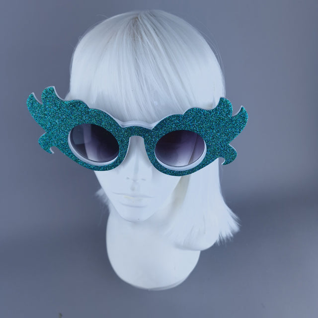 "Kira" Oversized Teal Glitter Sunglasses