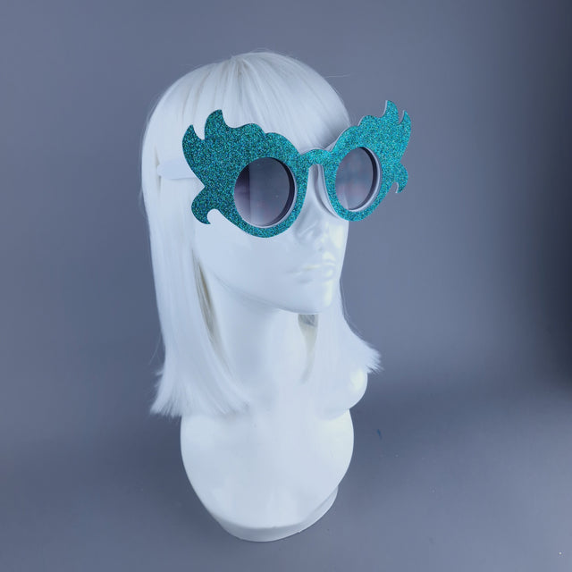 "Kira" Oversized Teal Glitter Sunglasses