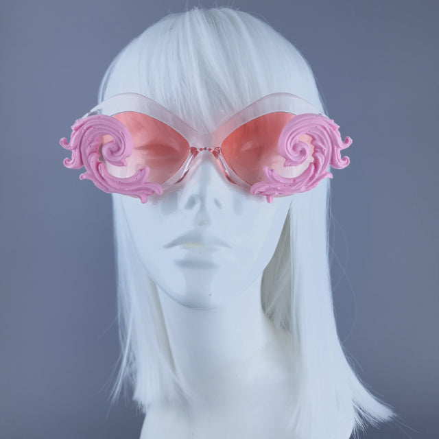 "Rue" Cat Eye Filigree Sunglasses - Pink with Pink Lenses