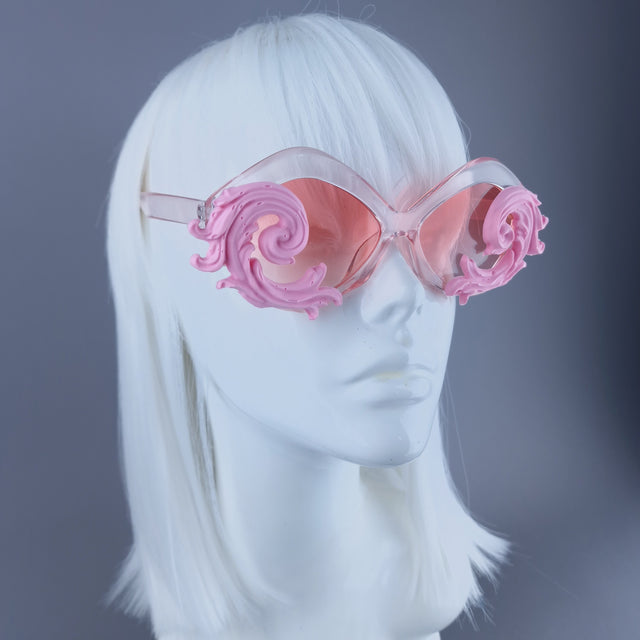 "Rue" Cat Eye Filigree Sunglasses - Pink with Pink Lenses