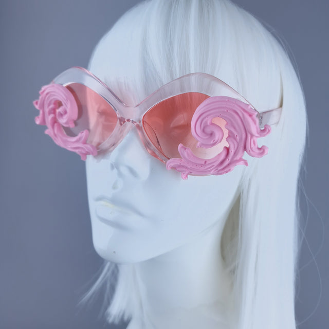 "Rue" Cat Eye Filigree Sunglasses - Pink with Pink Lenses
