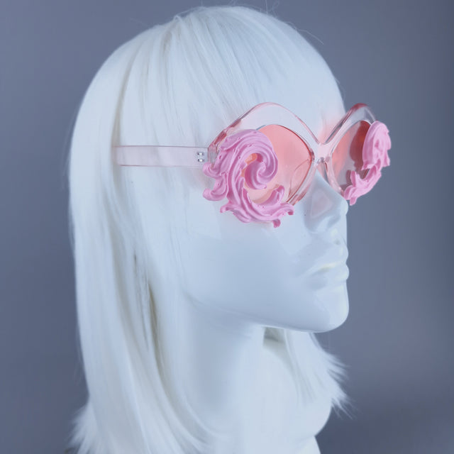 "Rue" Cat Eye Filigree Sunglasses - Pink with Pink Lenses