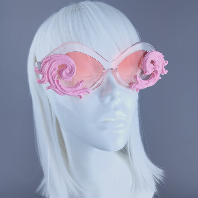"Rue" Cat Eye Filigree Sunglasses - Pink with Pink Lenses