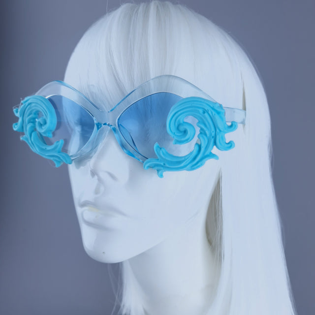 "Rue" Cat Eye Filigree Sunglasses - Blue with Blue Lenses