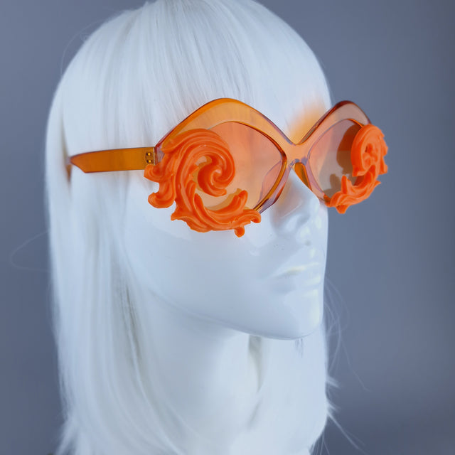 "Rue" Cat Eye Filigree Sunglasses - Orange with Orange Lenses