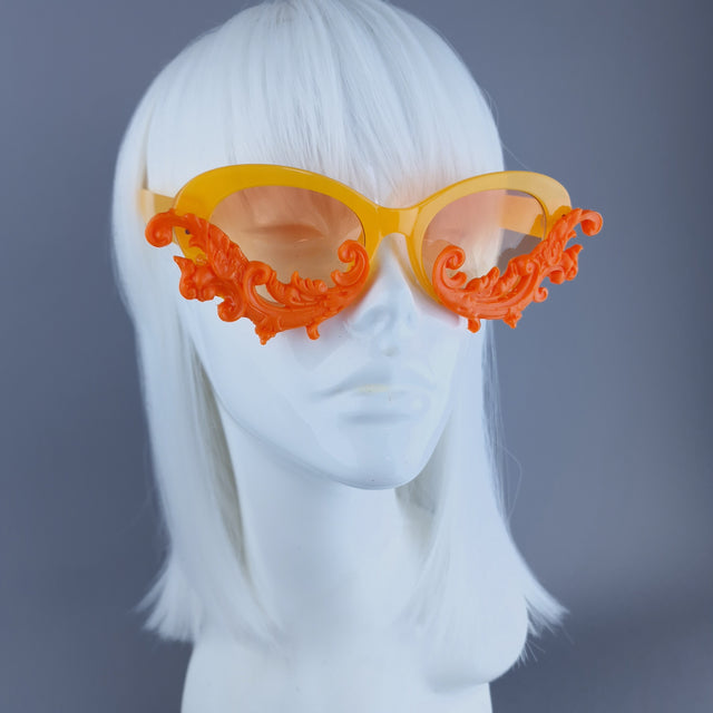 "Mara" Cat Eye Filigree Sunglasses - Orange with Orange Lenses
