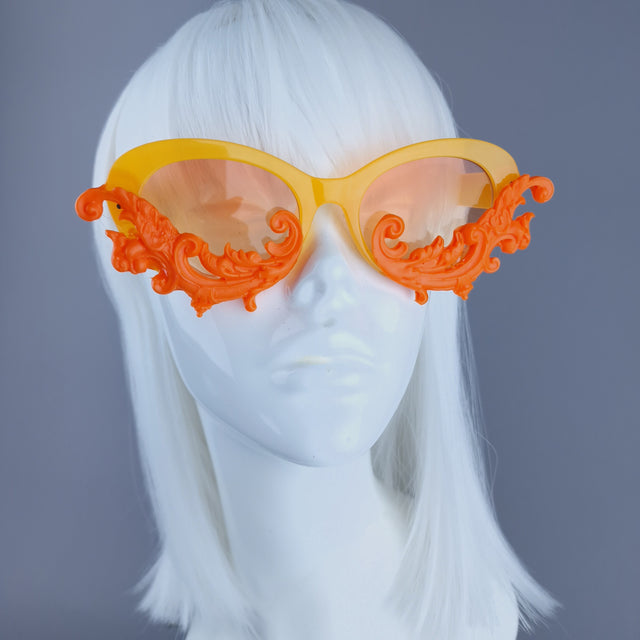 "Mara" Cat Eye Filigree Sunglasses - Orange with Orange Lenses