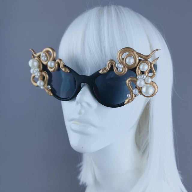 "Ethelinda" Gold & Pearl Snake Black Sunglasses