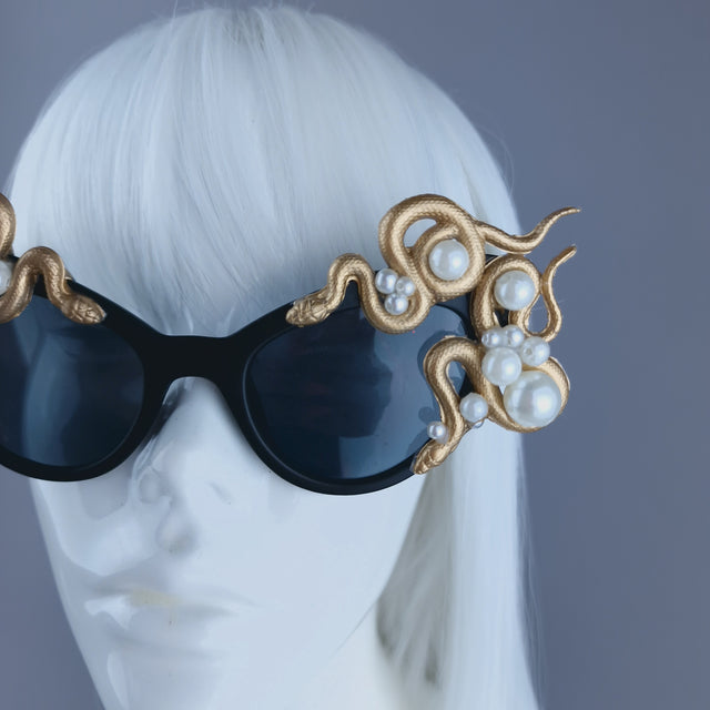 "Ethelinda" Gold & Pearl Snake Black Sunglasses