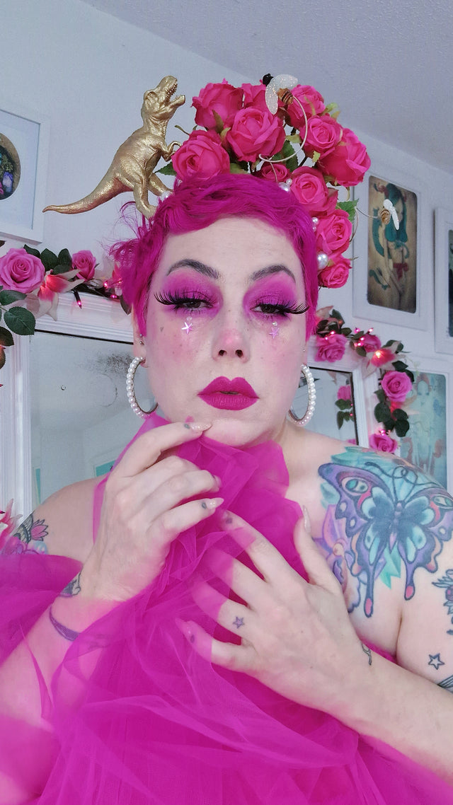 "Dainty" Dinosaur, Pearls & Pink Rose Headdress