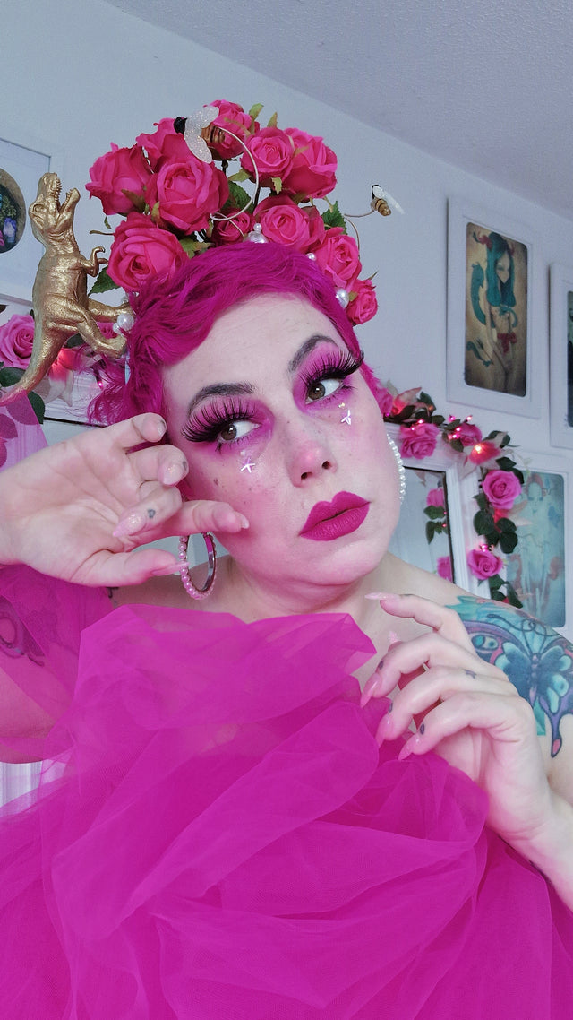 "Dainty" Dinosaur, Pearls & Pink Rose Headdress